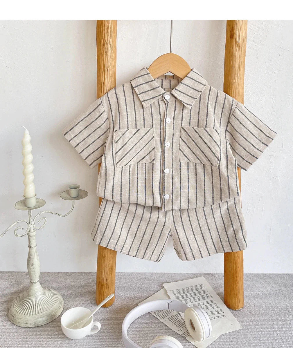 Set Children Unisex Summer New Style Cotton Stripe Pocket Shirt Polo Collar Shourts Fashion Casual Brief Versatile Korean - Mom & Kids