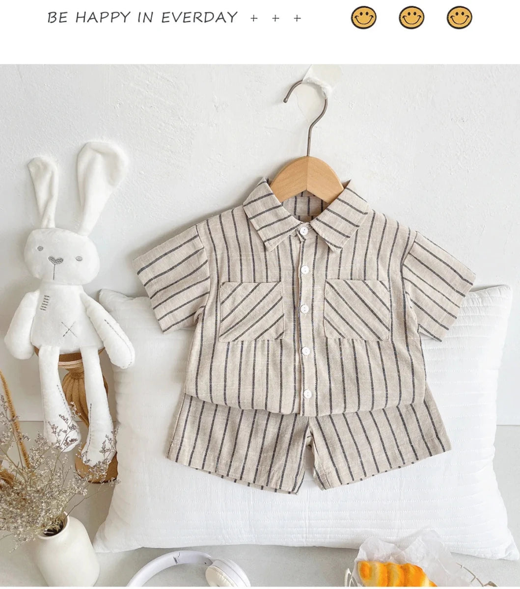 Set Children Unisex Summer New Style Cotton Stripe Pocket Shirt Polo Collar Shourts Fashion Casual Brief Versatile Korean - Mom & Kids