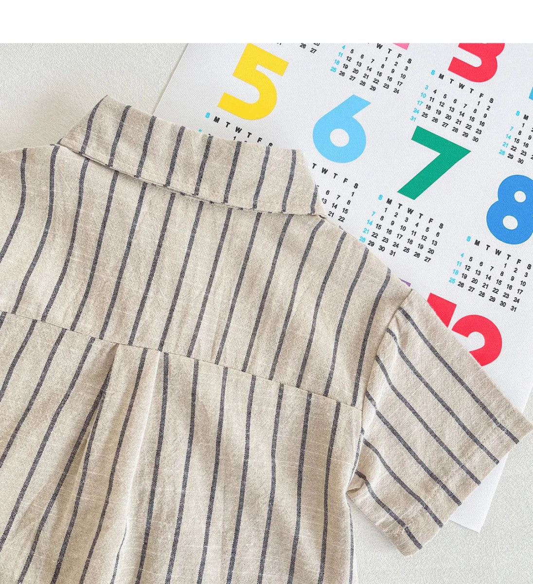 Set Children Unisex Summer New Style Cotton Stripe Pocket Shirt Polo Collar Shourts Fashion Casual Brief Versatile Korean - Mom & Kids