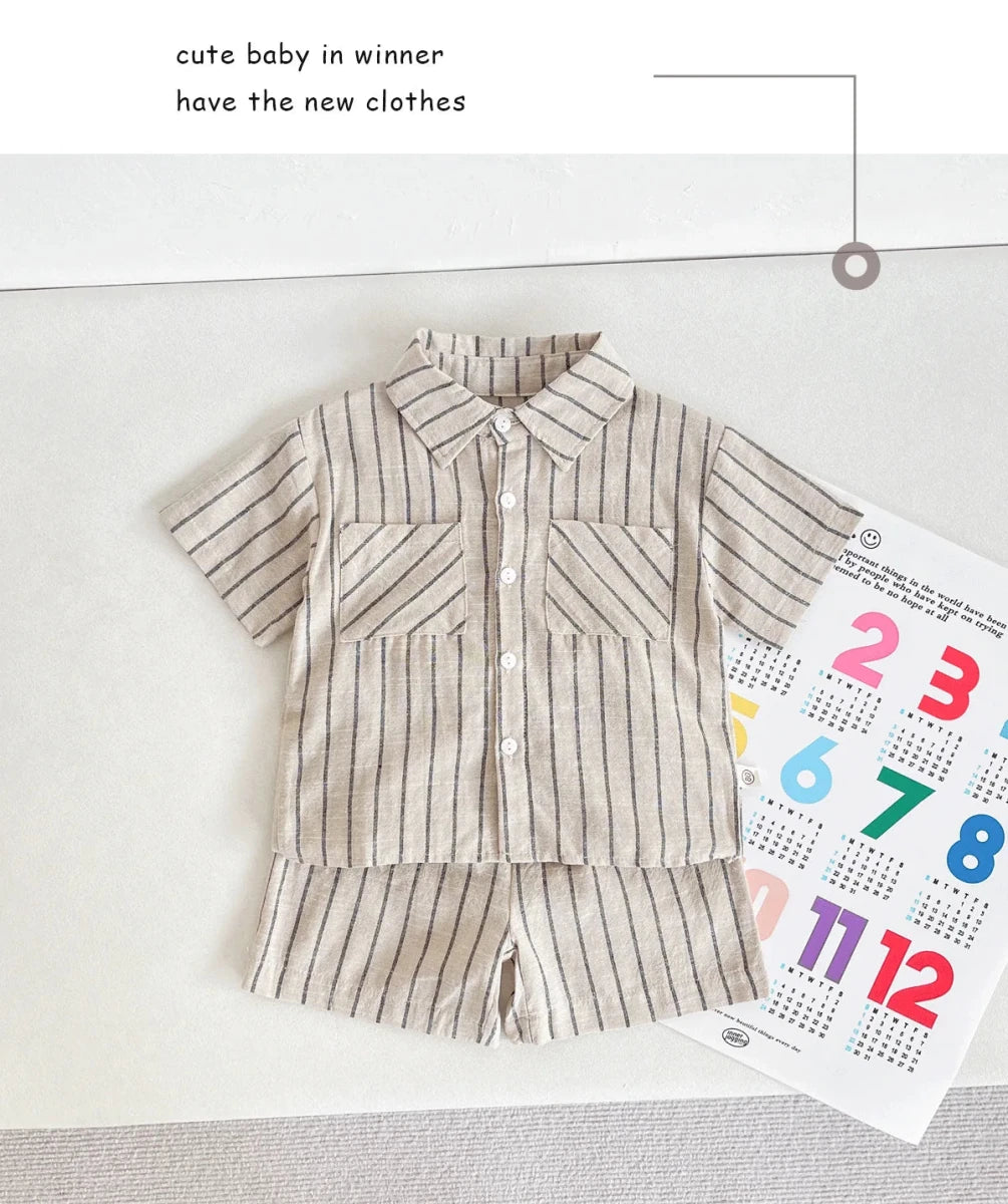 Set Children Unisex Summer New Style Cotton Stripe Pocket Shirt Polo Collar Shourts Fashion Casual Brief Versatile Korean - Mom & Kids