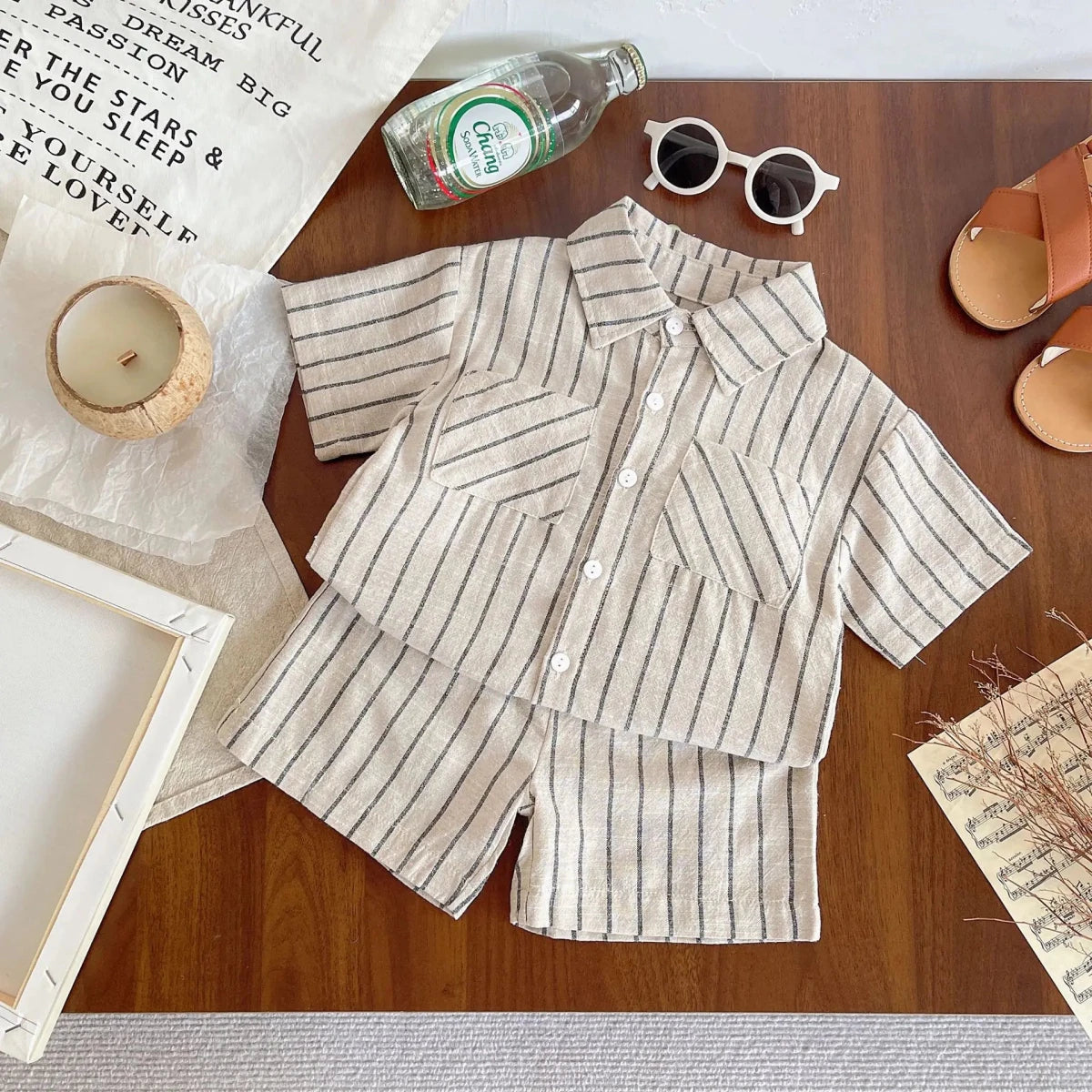 Set Children Unisex Summer New Style Cotton Stripe Pocket Shirt Polo Collar Shourts Fashion Casual Brief Versatile Korean - Mom & Kids