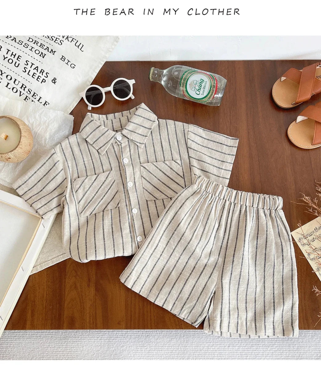 Set Children Unisex Summer New Style Cotton Stripe Pocket Shirt Polo Collar Shourts Fashion Casual Brief Versatile Korean - Mom & Kids