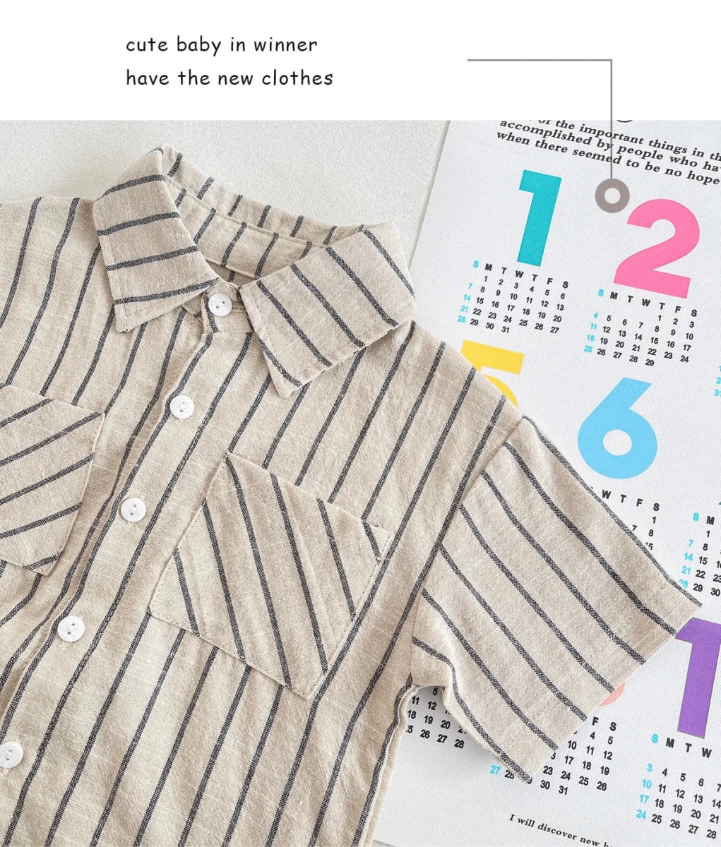 Set Children Unisex Summer New Style Cotton Stripe Pocket Shirt Polo Collar Shourts Fashion Casual Brief Versatile Korean - Mom & Kids