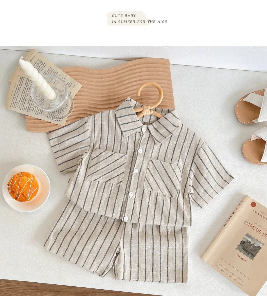 Set Children Unisex Summer New Style Cotton Stripe Pocket Shirt Polo Collar Shourts Fashion Casual Brief Versatile Korean - Mom & Kids
