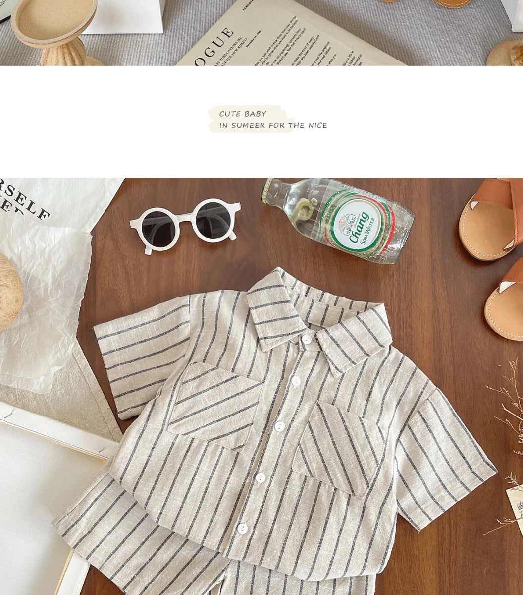 Set Children Unisex Summer New Style Cotton Stripe Pocket Shirt Polo Collar Shourts Fashion Casual Brief Versatile Korean - Mom & Kids