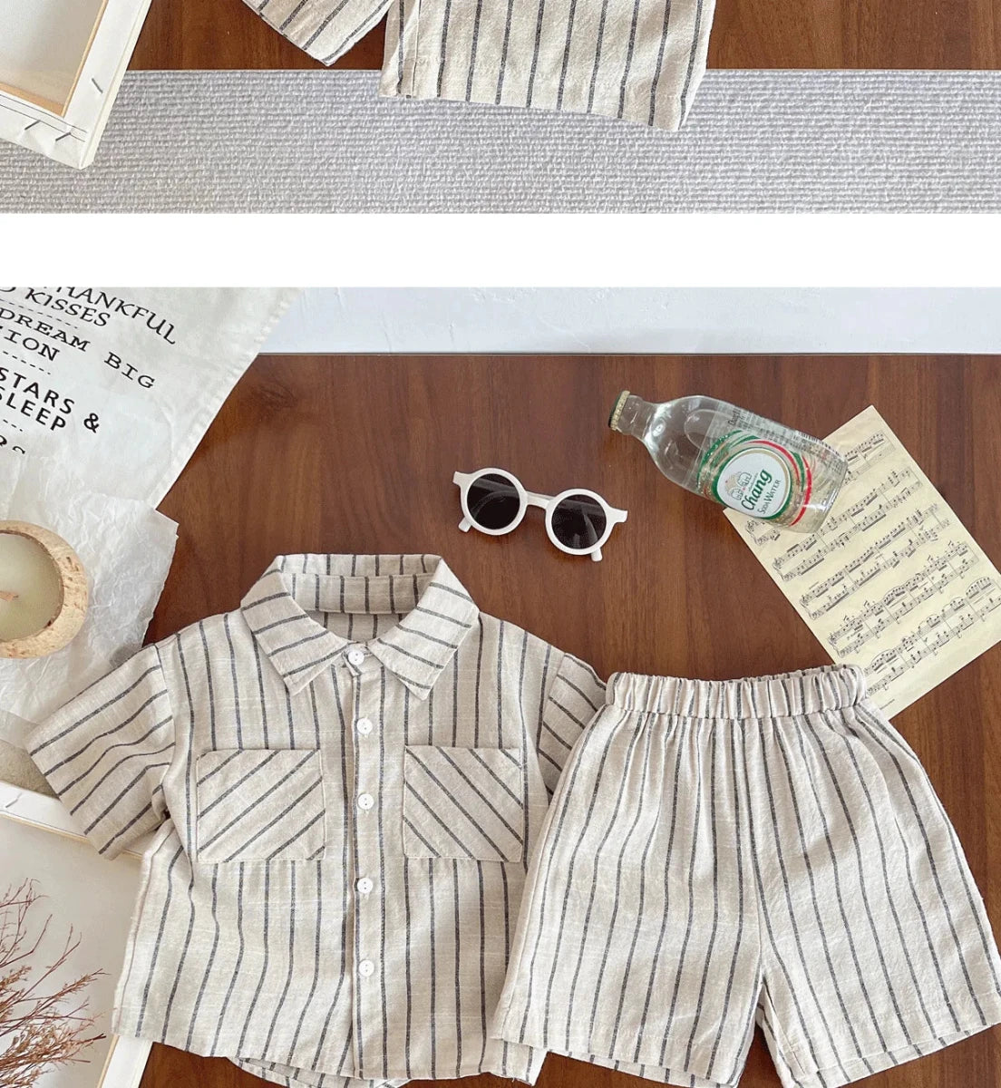 Set Children Unisex Summer New Style Cotton Stripe Pocket Shirt Polo Collar Shourts Fashion Casual Brief Versatile Korean - Mom & Kids