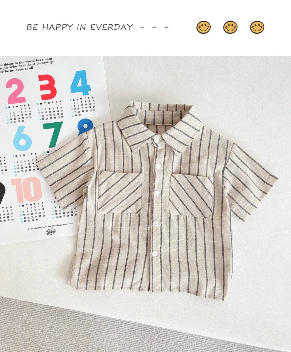 Set Children Unisex Summer New Style Cotton Stripe Pocket Shirt Polo Collar Shourts Fashion Casual Brief Versatile Korean - Mom & Kids