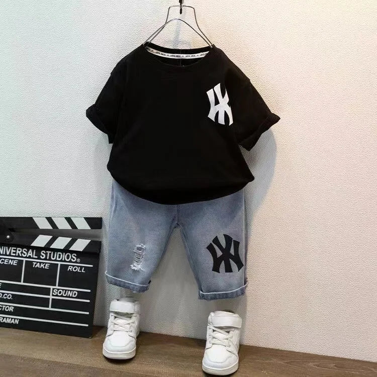 Short Sleeve Set Baby Boys Clothes Fashion Jeans Shorts Outfits Korean Casual Kids Cotton 2pcs Sport Clothing - Mom & Kids