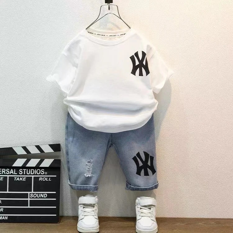 Short Sleeve Set Baby Boys Clothes Fashion Jeans Shorts Outfits Korean Casual Kids Cotton 2pcs Sport Clothing - Mom & Kids