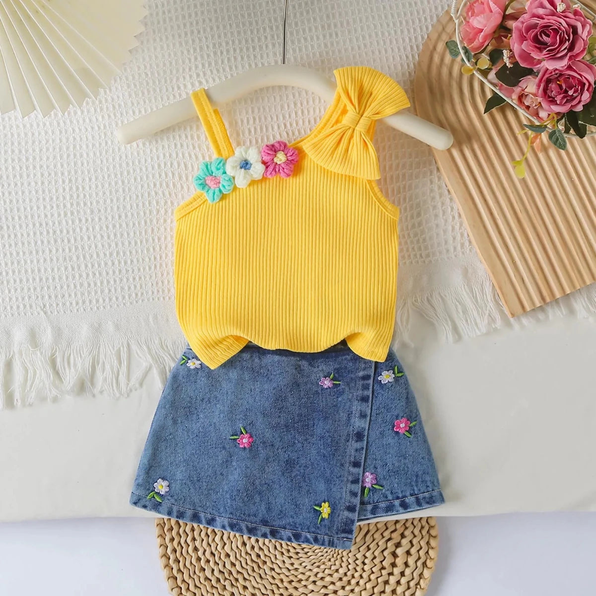 Small Fresh Jeans Skirts Sets Cute Baby Girl Comfortable And Breathable Set Cute Flower Embroidery Short Sleeve Skirt Two Piece - Mom & Kids