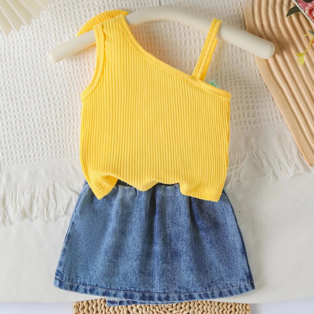 Small Fresh Jeans Skirts Sets Cute Baby Girl Comfortable And Breathable Set Cute Flower Embroidery Short Sleeve Skirt Two Piece - Mom & Kids