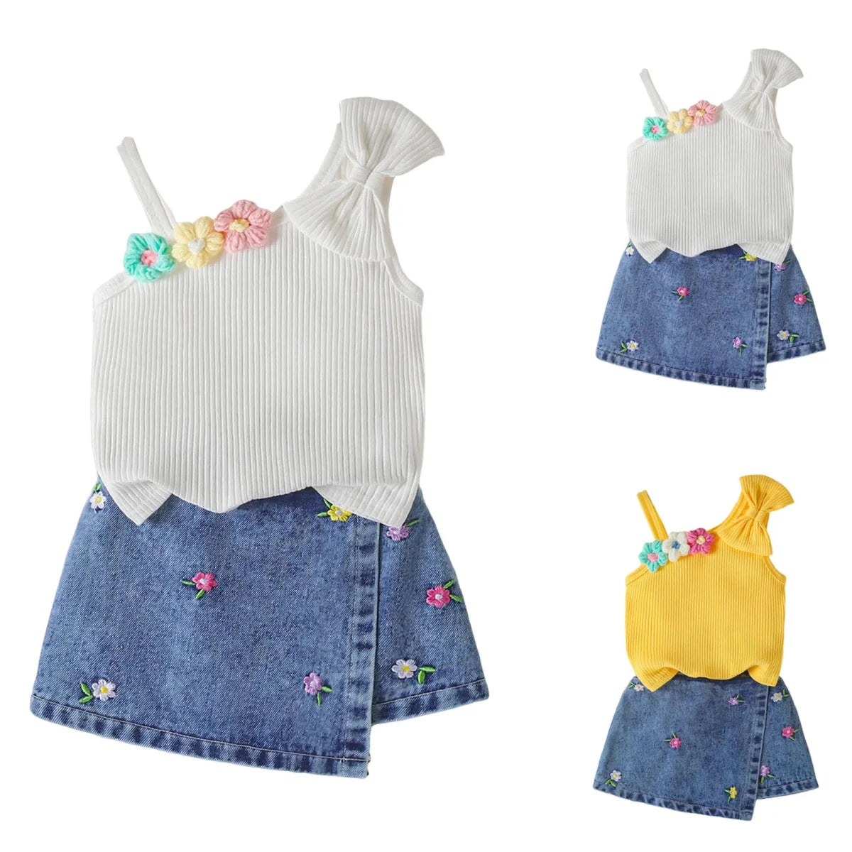 Small Fresh Jeans Skirts Sets Cute Baby Girl Comfortable And Breathable Set Cute Flower Embroidery Short Sleeve Skirt Two Piece - Mom & Kids