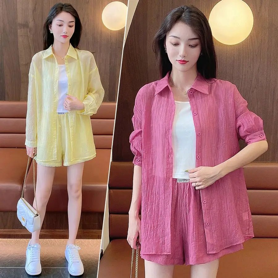 Spring and Summer Sun Protection Women's Set Stylish Loose Shirt Shorts High-end Elegant Women's Three Piece Set - Mom & Kids