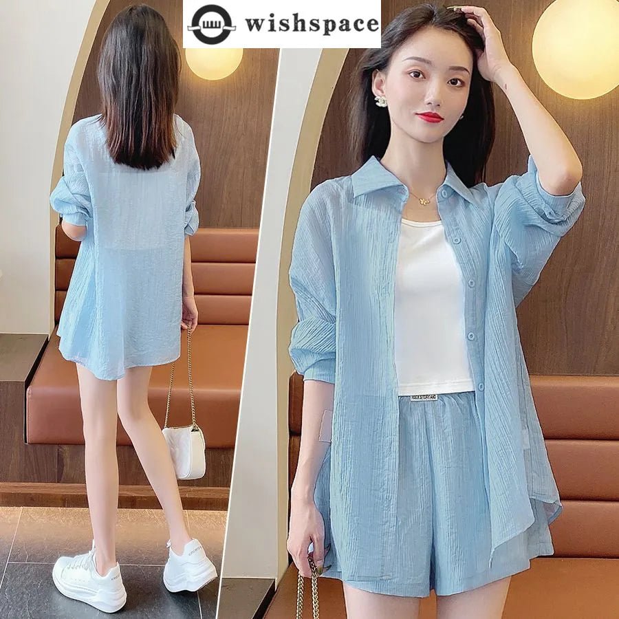 Spring and Summer Sun Protection Women's Set Stylish Loose Shirt Shorts High-end Elegant Women's Three Piece Set - Mom & Kids
