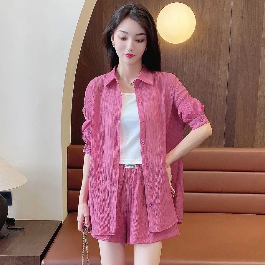 Spring and Summer Sun Protection Women's Set Stylish Loose Shirt Shorts High-end Elegant Women's Three Piece Set - Mom & Kids