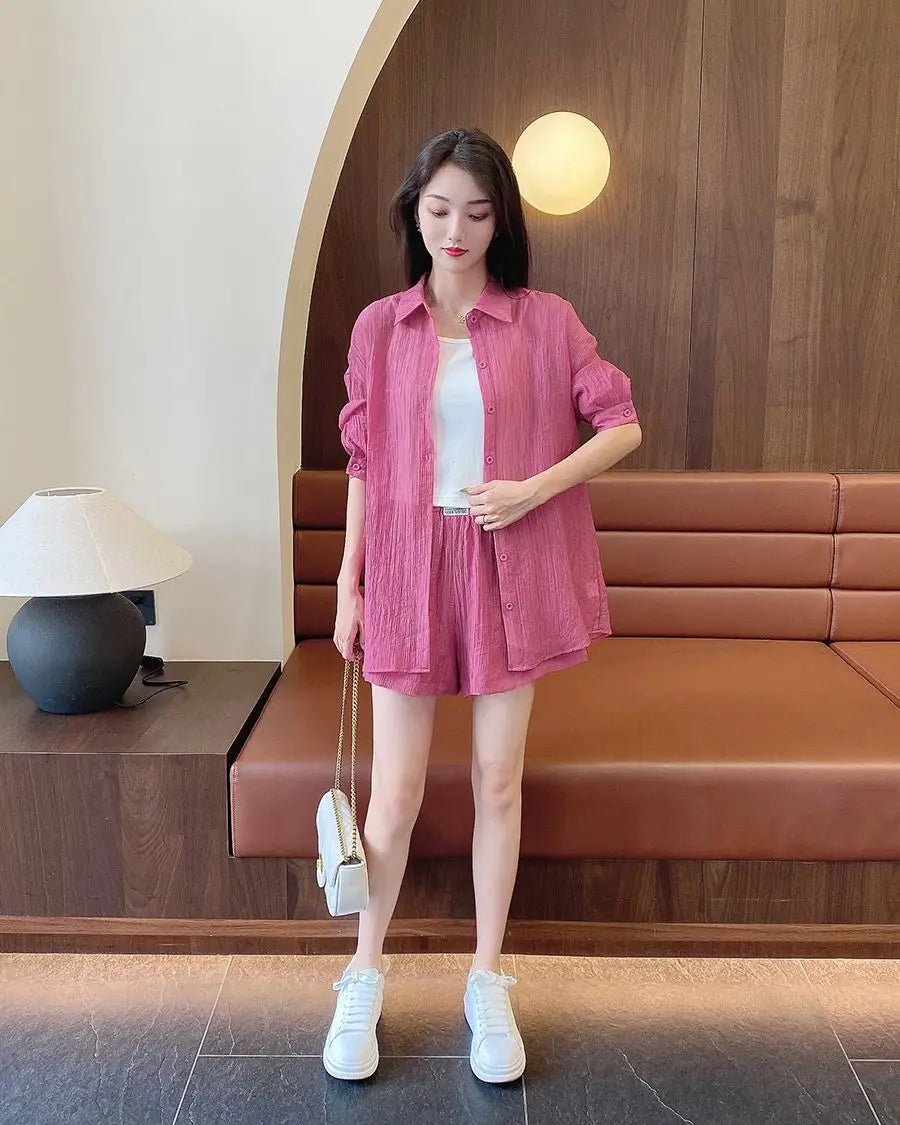 Spring and Summer Sun Protection Women's Set Stylish Loose Shirt Shorts High-end Elegant Women's Three Piece Set - Mom & Kids