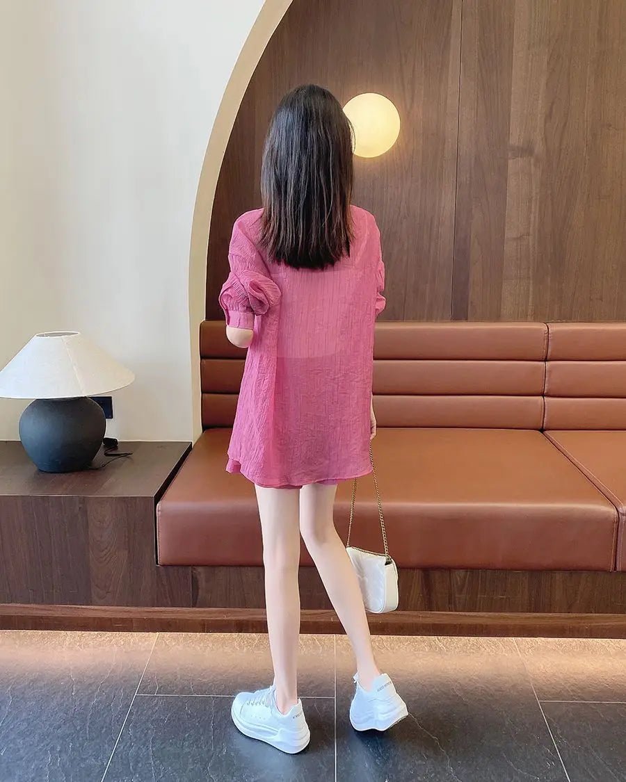 Spring and Summer Sun Protection Women's Set Stylish Loose Shirt Shorts High-end Elegant Women's Three Piece Set - Mom & Kids