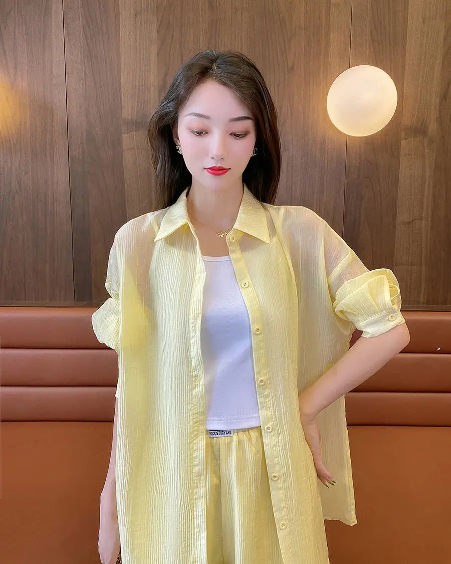 Spring and Summer Sun Protection Women's Set Stylish Loose Shirt Shorts High-end Elegant Women's Three Piece Set - Mom & Kids