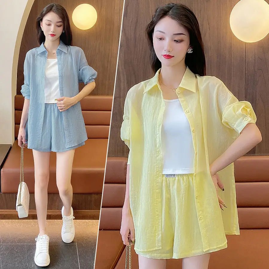 Spring and Summer Sun Protection Women's Set Stylish Loose Shirt Shorts High-end Elegant Women's Three Piece Set - Mom & Kids