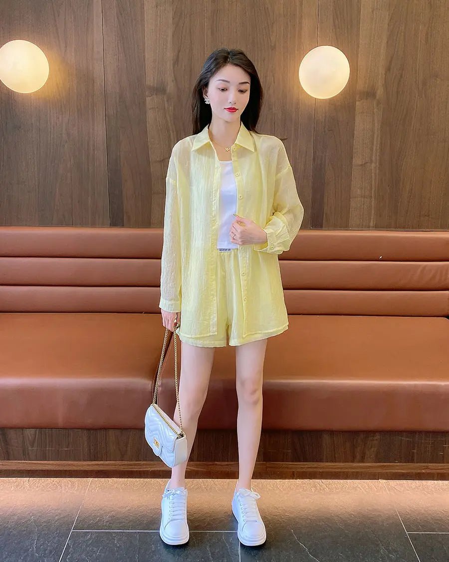 Spring and Summer Sun Protection Women's Set Stylish Loose Shirt Shorts High-end Elegant Women's Three Piece Set - Mom & Kids