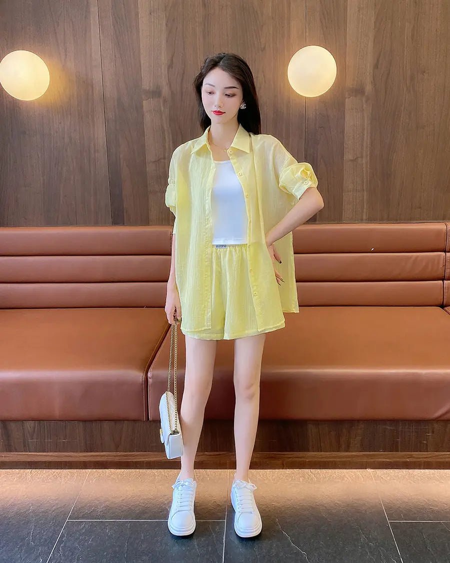 Spring and Summer Sun Protection Women's Set Stylish Loose Shirt Shorts High-end Elegant Women's Three Piece Set - Mom & Kids