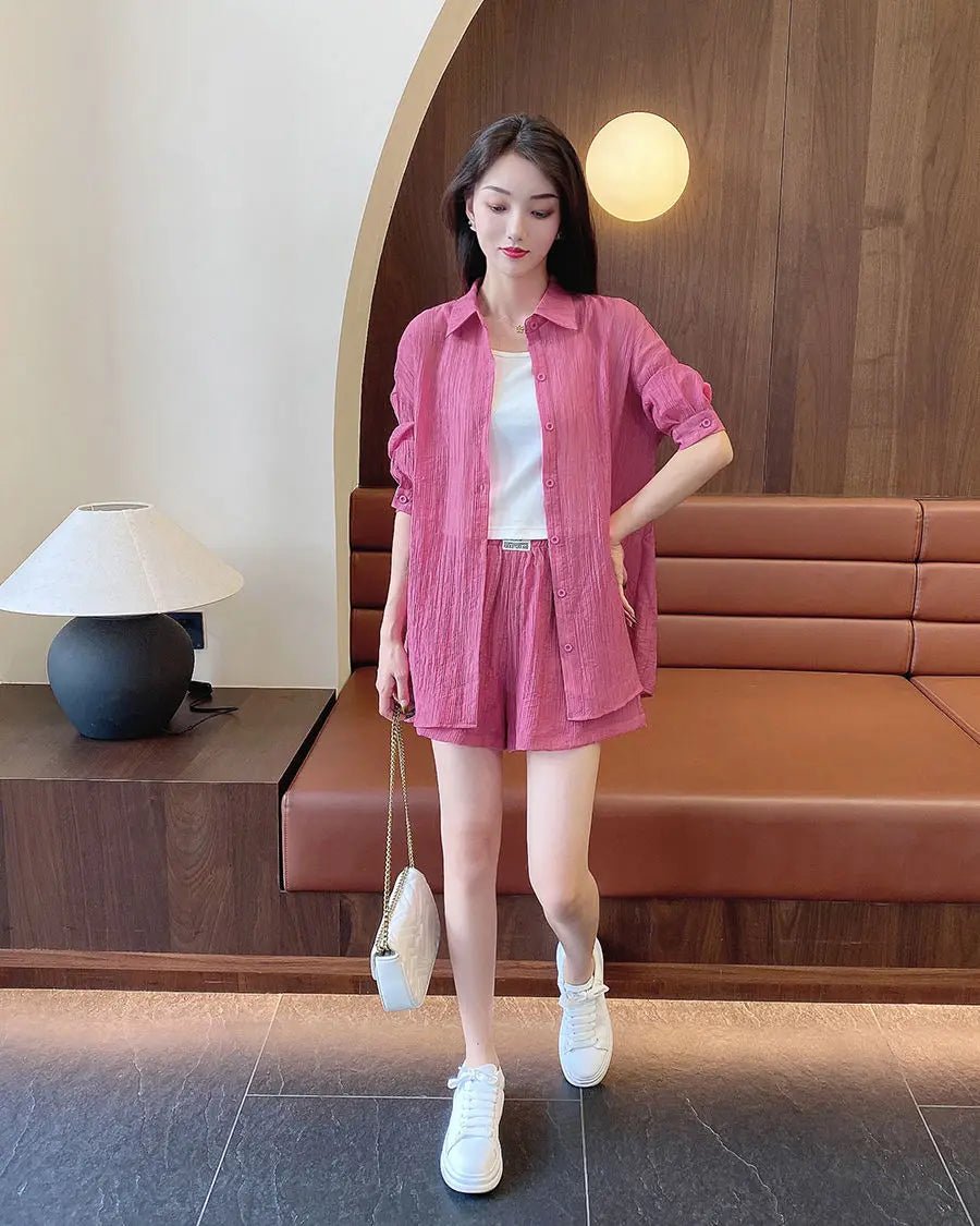 Spring and Summer Sun Protection Women's Set Stylish Loose Shirt Shorts High-end Elegant Women's Three Piece Set - Mom & Kids