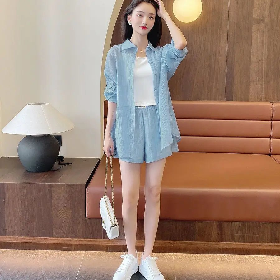 Spring and Summer Sun Protection Women's Set Stylish Loose Shirt Shorts High-end Elegant Women's Three Piece Set - Mom & Kids
