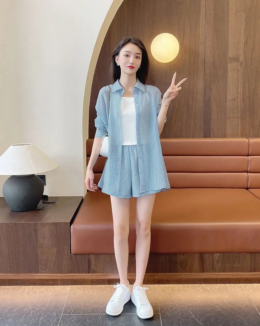 Spring and Summer Sun Protection Women's Set Stylish Loose Shirt Shorts High-end Elegant Women's Three Piece Set - Mom & Kids