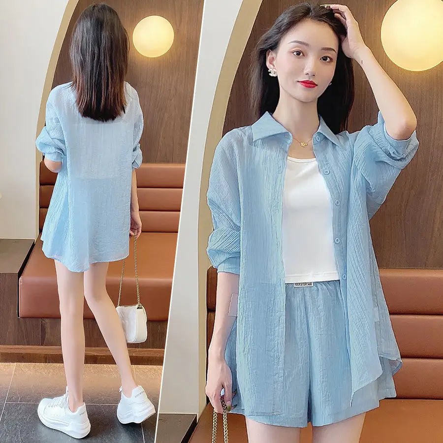 Spring and Summer Sun Protection Women's Set Stylish Loose Shirt Shorts High-end Elegant Women's Three Piece Set - Mom & Kids