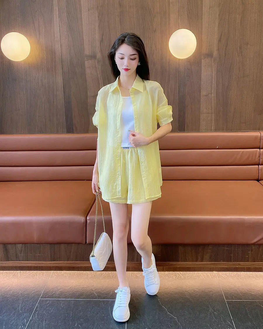 Spring and Summer Sun Protection Women's Set Stylish Loose Shirt Shorts High-end Elegant Women's Three Piece Set - Mom & Kids