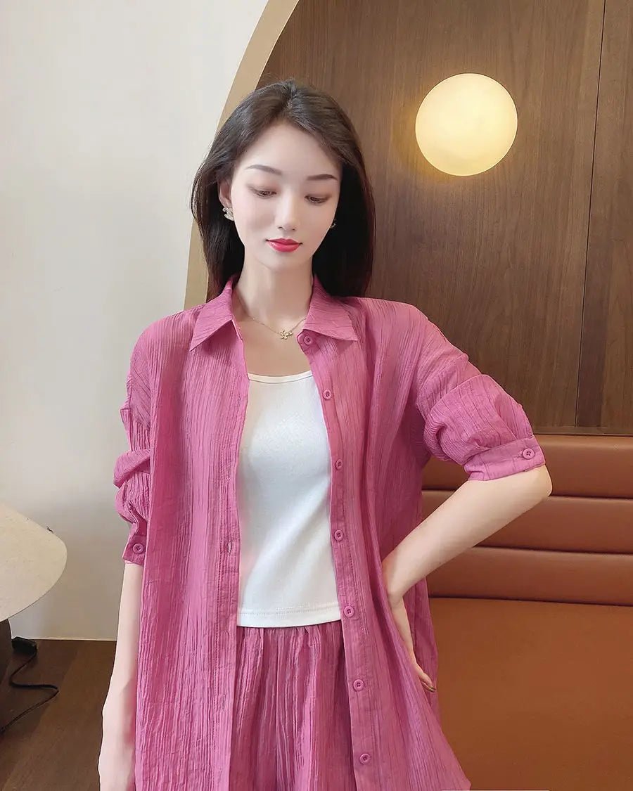 Spring and Summer Sun Protection Women's Set Stylish Loose Shirt Shorts High-end Elegant Women's Three Piece Set - Mom & Kids