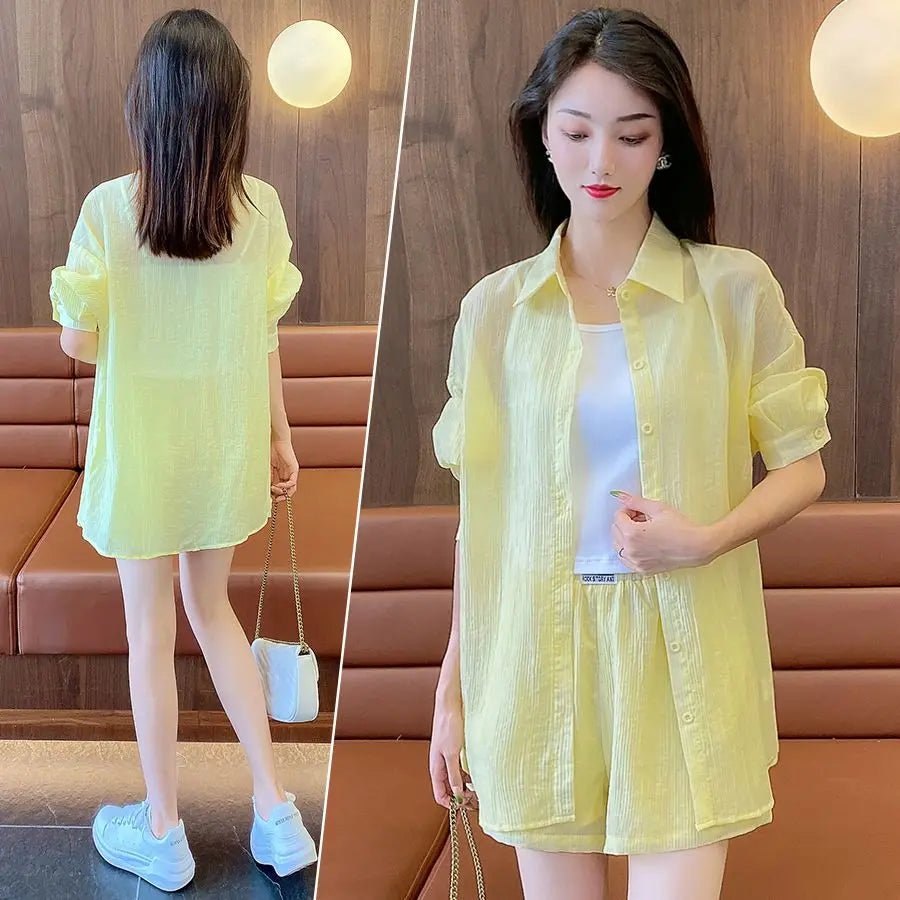 Spring and Summer Sun Protection Women's Set Stylish Loose Shirt Shorts High-end Elegant Women's Three Piece Set - Mom & Kids
