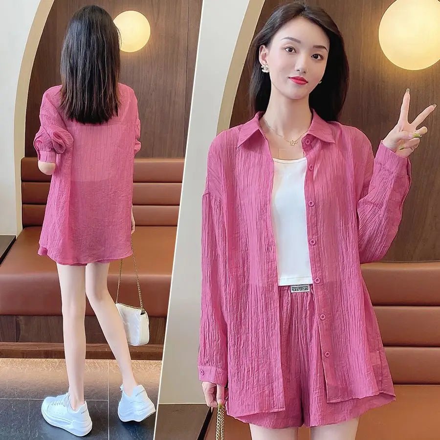 Spring and Summer Sun Protection Women's Set Stylish Loose Shirt Shorts High-end Elegant Women's Three Piece Set - Mom & Kids