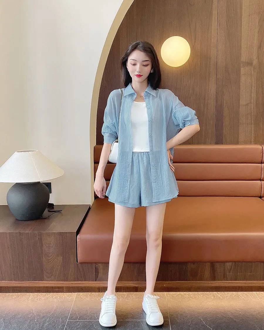 Spring and Summer Sun Protection Women's Set Stylish Loose Shirt Shorts High-end Elegant Women's Three Piece Set - Mom & Kids