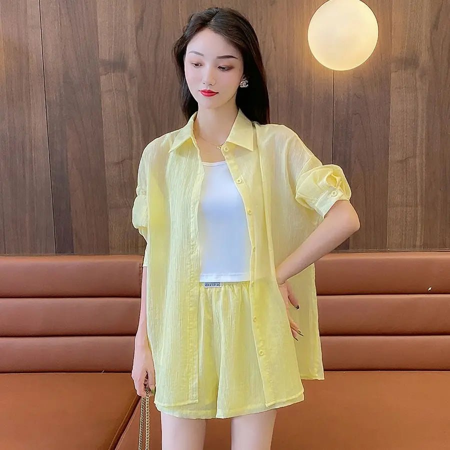 Spring and Summer Sun Protection Women's Set Stylish Loose Shirt Shorts High-end Elegant Women's Three Piece Set - Mom & Kids