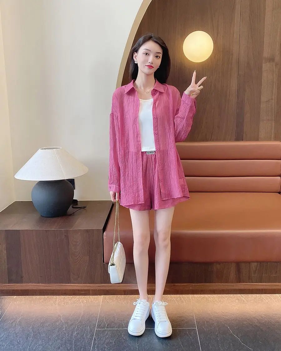 Spring and Summer Sun Protection Women's Set Stylish Loose Shirt Shorts High-end Elegant Women's Three Piece Set - Mom & Kids