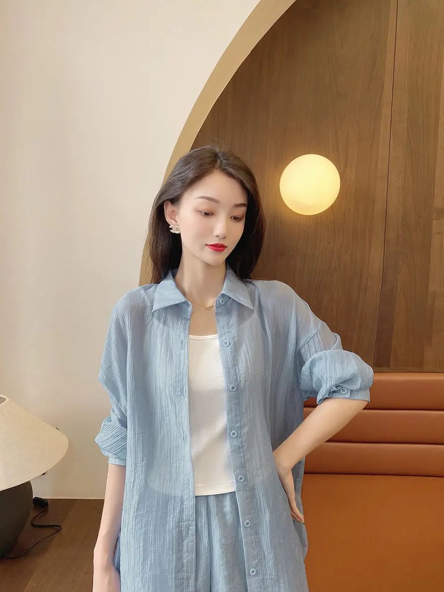 Spring and Summer Sun Protection Women's Set Stylish Loose Shirt Shorts High-end Elegant Women's Three Piece Set - Mom & Kids