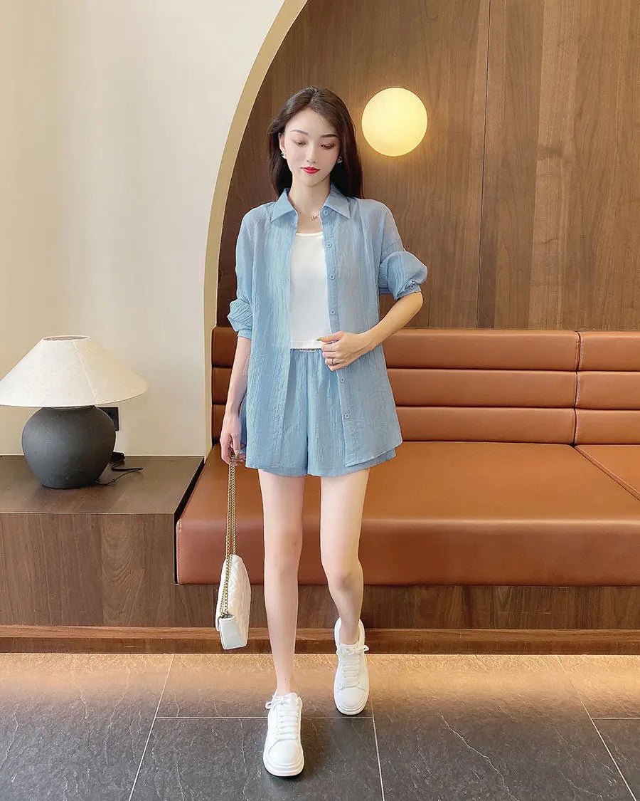 Spring and Summer Sun Protection Women's Set Stylish Loose Shirt Shorts High-end Elegant Women's Three Piece Set - Mom & Kids