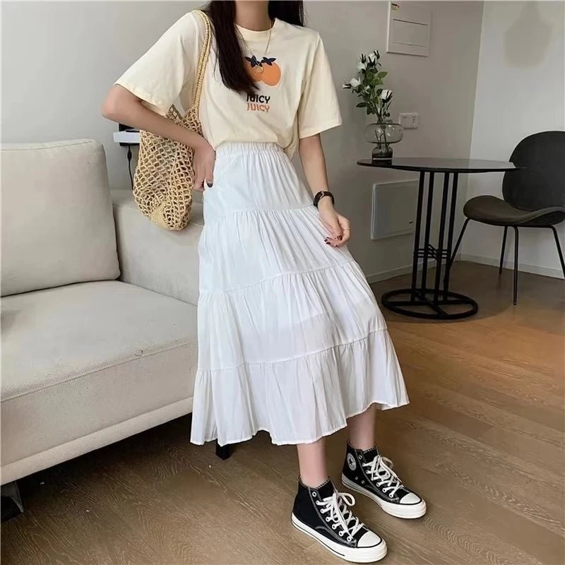 Spring Summer Women Skirts Vintage High Waist Elastic Patchwork White Black Chic Long Cake A-line Skirt - Mom & Kids