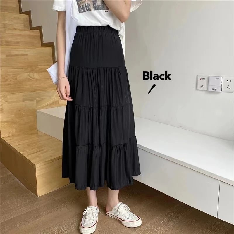 Spring Summer Women Skirts Vintage High Waist Elastic Patchwork White Black Chic Long Cake A-line Skirt - Mom & Kids