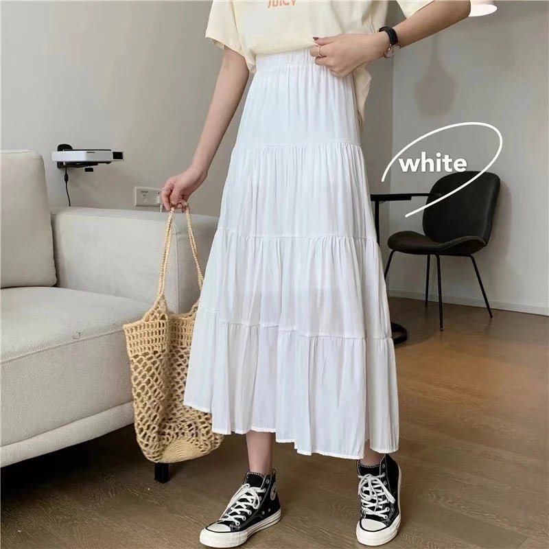 Spring Summer Women Skirts Vintage High Waist Elastic Patchwork White Black Chic Long Cake A-line Skirt - Mom & Kids