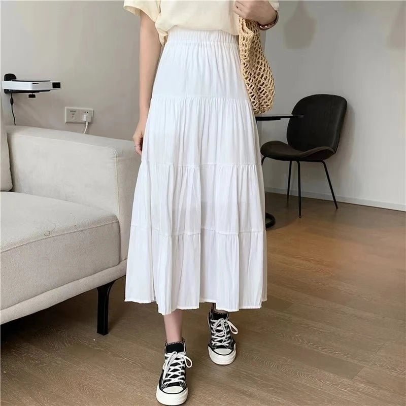 Spring Summer Women Skirts Vintage High Waist Elastic Patchwork White Black Chic Long Cake A-line Skirt - Mom & Kids