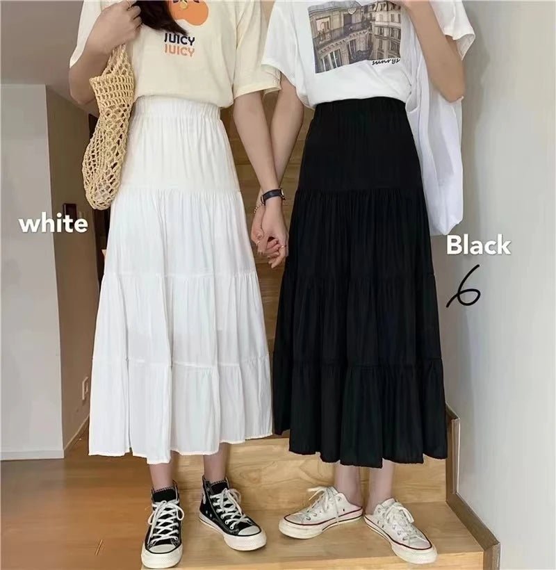Spring Summer Women Skirts Vintage High Waist Elastic Patchwork White Black Chic Long Cake A-line Skirt - Mom & Kids