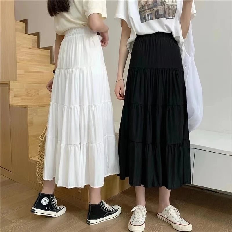 Spring Summer Women Skirts Vintage High Waist Elastic Patchwork White Black Chic Long Cake A-line Skirt - Mom & Kids
