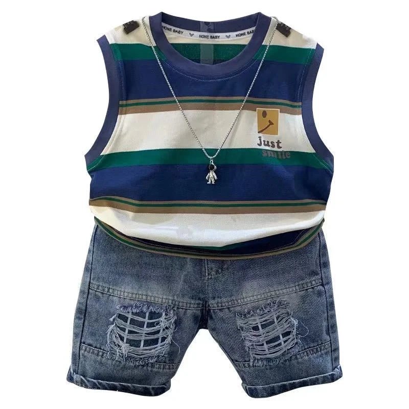 Striped Round Neck Pullover Cotton Sleeveless Shirt And Fashion Jeans Shorts 2pcs Summer Boutique Clothing Baby Boys Sport Suit - Mom & Kids