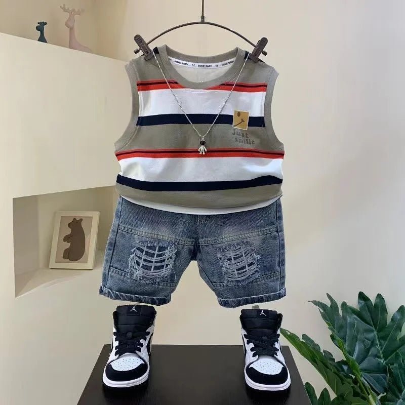 Striped Round Neck Pullover Cotton Sleeveless Shirt And Fashion Jeans Shorts 2pcs Summer Boutique Clothing Baby Boys Sport Suit - Mom & Kids