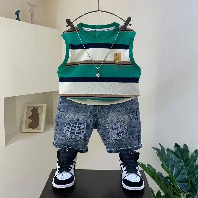 Striped Round Neck Pullover Cotton Sleeveless Shirt And Fashion Jeans Shorts 2pcs Summer Boutique Clothing Baby Boys Sport Suit - Mom & Kids