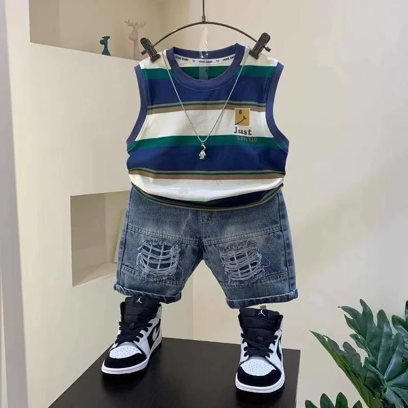 Striped Round Neck Pullover Cotton Sleeveless Shirt And Fashion Jeans Shorts 2pcs Summer Boutique Clothing Baby Boys Sport Suit - Mom & Kids