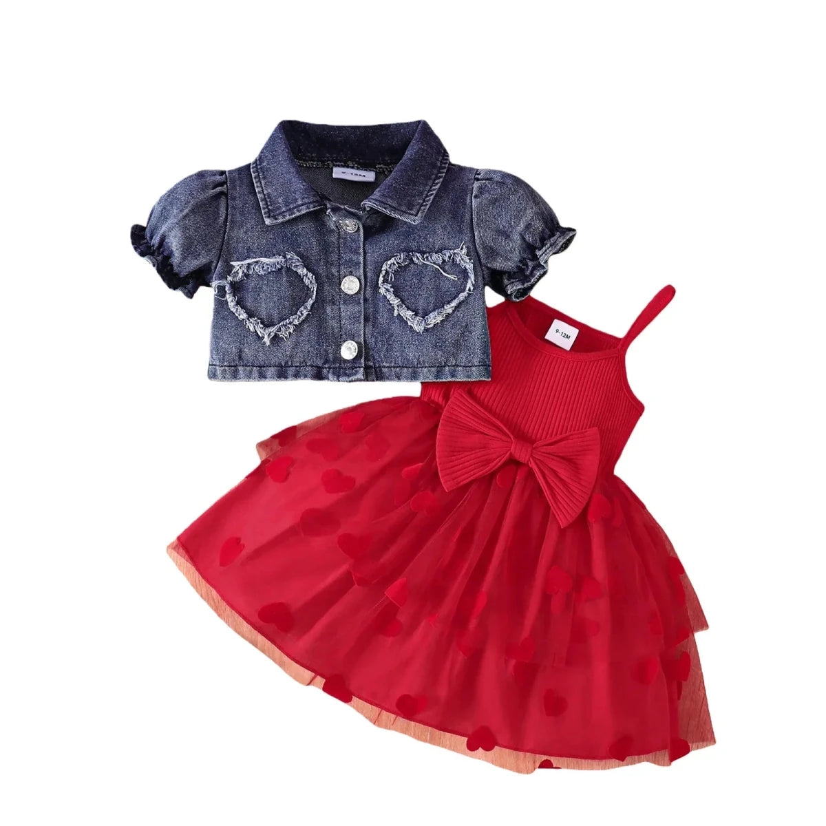 Summer 0-6Y Kids Clothes Girls Denim Collar Short Jacket 2pcs Set Sling Dress Bowknot Tulle Puff Skirt Girl Outfit - Mom & Kids