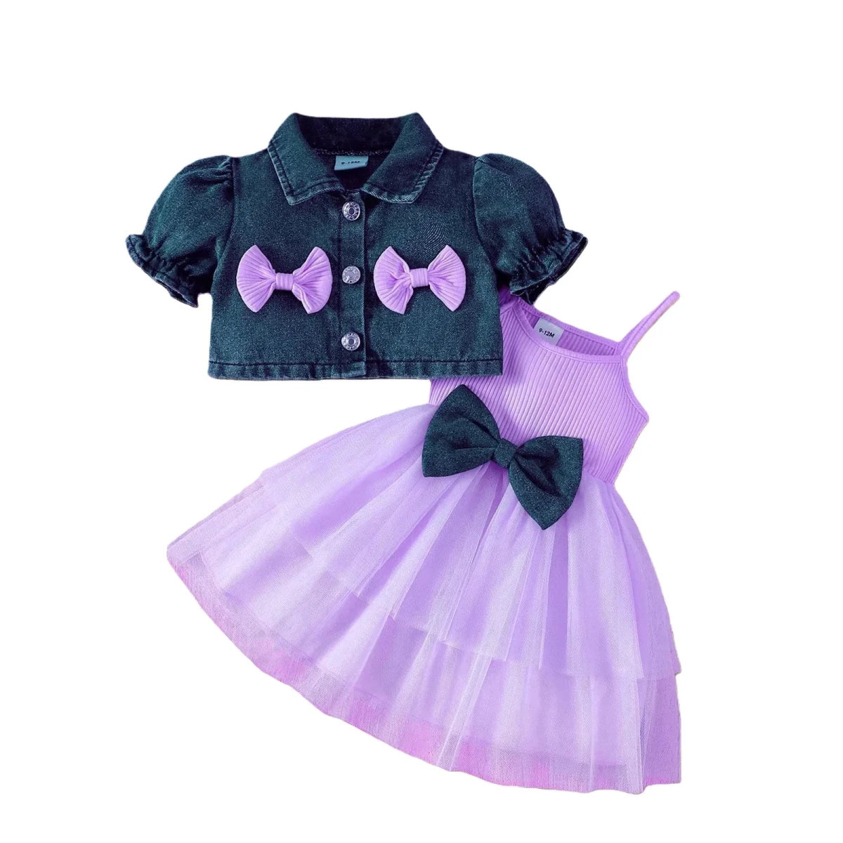 Summer 0-6Y Kids Clothes Girls Denim Collar Short Jacket 2pcs Set Sling Dress Bowknot Tulle Puff Skirt Girl Outfit - Mom & Kids